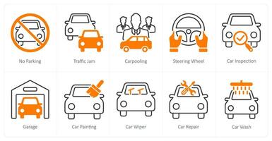 A set of 10 Car icons as no parking, traffic jam, carpooling vector