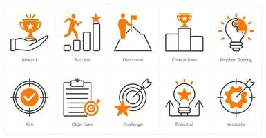 A set of 10 Challenge icons as reward, success, overcome vector