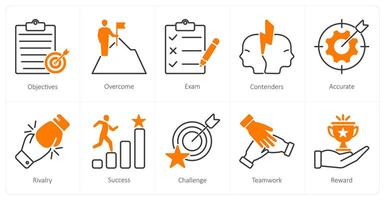 A set of 10 Challenge icons as objectives, overcome, exam vector