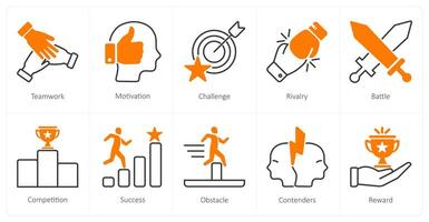 A set of 10 Challenge icons as teamwork, motivation, challenge vector