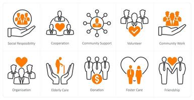A set of 10 Charity and Donation icons as community support, finance network, online donation vector