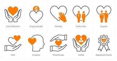 A set of 10 Charity and Donation icons as orphanage, donation box, help line vector