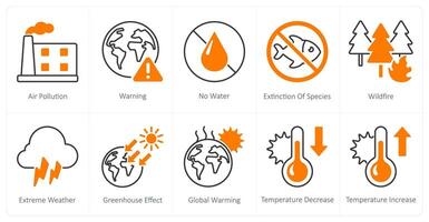 A set of 10 Climate Change icons as air pollution, warning, no water, extinction of species vector