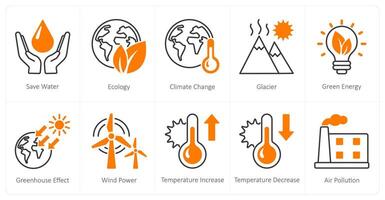 A set of 10 Climate Change icons as save water, ecology, climate change vector