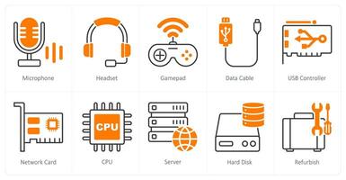 A set of 10 Computer Parts icons as microphone, headset, gamepad vector