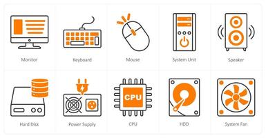 A set of 10 Computer Parts icons as monitor, keyboard, mouse vector