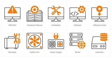 A set of 10 Computer Parts icons as attention, hardware manual, installation vector