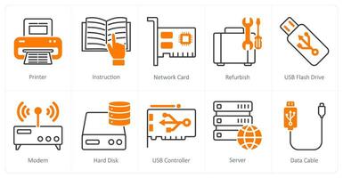 A set of 10 Computer Parts icons as printer, instruction, network card vector