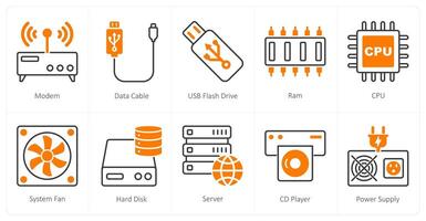 A set of 10 Computer Parts icons as modem, data cable, usb flash drive vector
