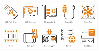 A set of 10 Computer Parts icons as usb flash drive, usb controller, network card vector