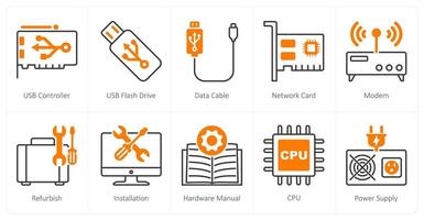 A set of 10 Computer Parts icons as usb controller, usb flash drive, data cable vector