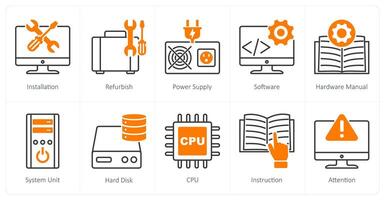 A set of 10 Computer Parts icons as installation, refurnish, power supply vector