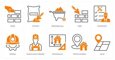 A set of 10 Construction icons as build, cement, wheel barrow vector
