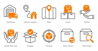 A set of 10 Delivery icons as warehouse, delivery location, maps vector