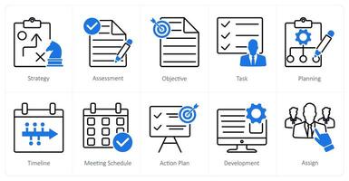 A set of 10 Action Plan icons as strategy, assessment, objective vector
