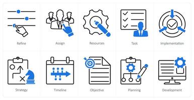 A set of 10 Action Plan icons as refine, assign, resources vector