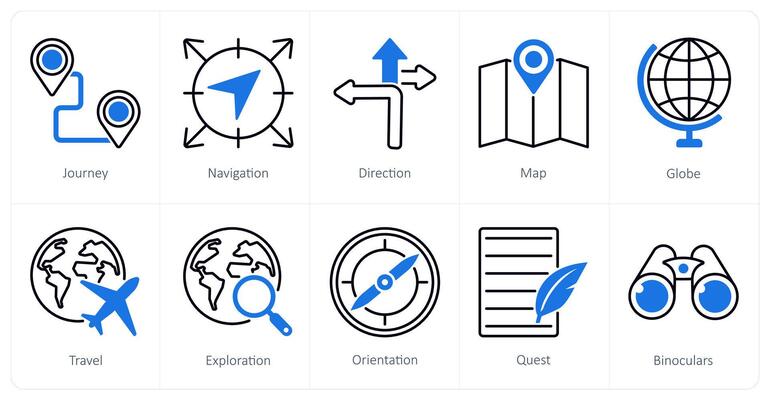 A set of 10 Adventure icons as journey, navigation, direction
