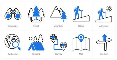 A set of 10 Adventure icons as binoculars, forest, mountains vector
