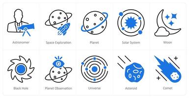 A set of 10 Astronomy icons as astronomer, space exploration, planet vector