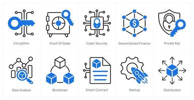 A set of 10 Blockchain icons as encryption, proof of stake, cyber security vector