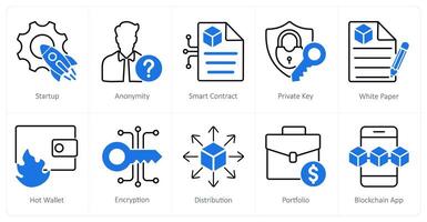 A set of 10 Blockchain icons as startup, anonymity, smart contract vector