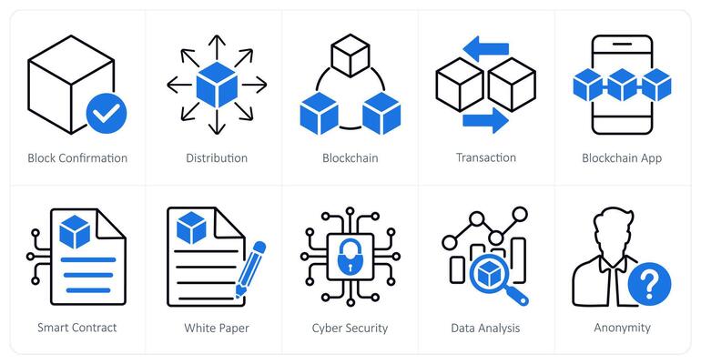 A set of 10 Blockchain icons as block confirmation, distribution, blockchain