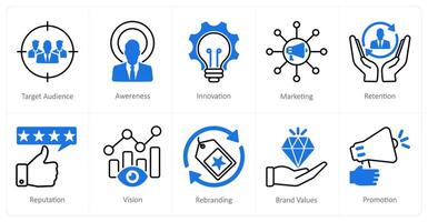 A set of 10 Branding icons as target audience, awareness, innovation vector