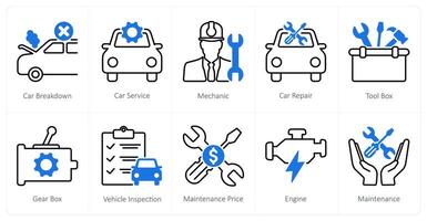 A set of 10 Car icons as car breakdown, car service, mechanic vector