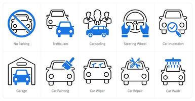 A set of 10 Car icons as no parking, traffic jam, carpooling vector