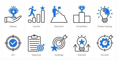 A set of 10 Challenge icons as reward, success, overcome vector