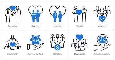 A set of 10 Charity and Donation icons as friendship, support, foster care vector