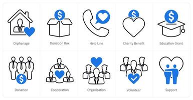A set of 10 Charity and Donation icons as orphanage, donation box, help line vector