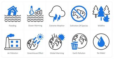 A set of 10 Climate Change icons as flooding, ocean warming, extreme weather vector