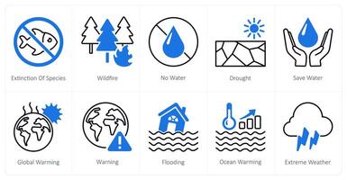 A set of 10 Climate Change icons as extinction of species, wildfire, no water vector