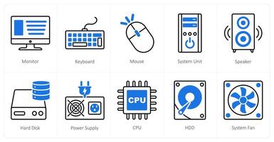 A set of 10 Computer Parts icons as monitor, keyboard, mouse vector