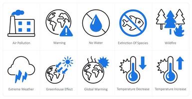 A set of 10 Climate Change icons as air pollution, warning, no water, extinction of species vector
