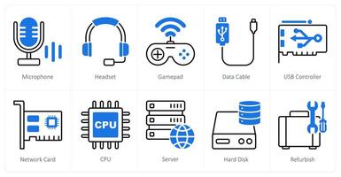 A set of 10 Computer Parts icons as microphone, headset, gamepad vector