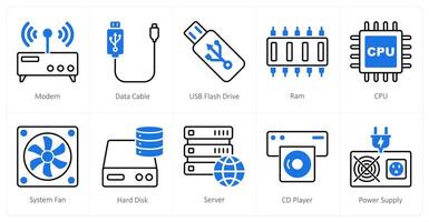 A set of 10 Computer Parts icons as modem, data cable, usb flash drive vector