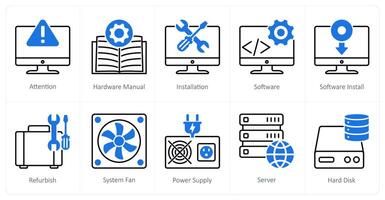 A set of 10 Computer Parts icons as attention, hardware manual, installation vector