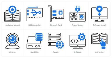 A set of 10 Computer Parts icons as hardware manual, usb controller, network card vector