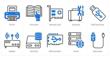 A set of 10 Computer Parts icons as printer, instruction, network card vector