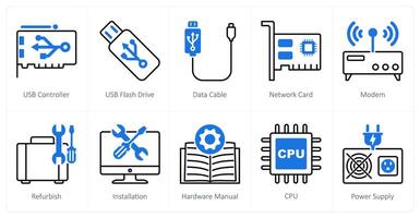 A set of 10 Computer Parts icons as usb controller, usb flash drive, data cable vector