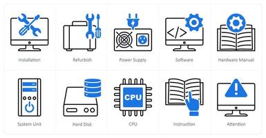 A set of 10 Computer Parts icons as installation, refurnish, power supply vector
