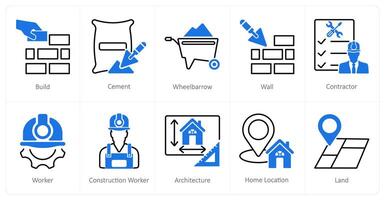 A set of 10 Construction icons as build, cement, wheel barrow vector