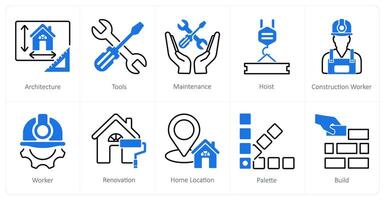 A set of 10 Construction icons as architecture, tools, maintenance vector