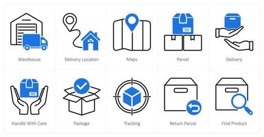 A set of 10 Delivery icons as warehouse, delivery location, maps vector