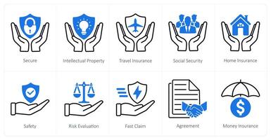 A set of 10 Insurance icons as secure, intellectual property, travel insurance vector