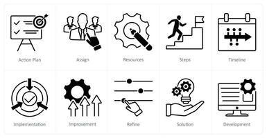 A set of 10 Action Plan icons as action plan, assign, resources vector