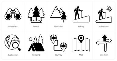 A set of 10 Adventure icons as binoculars, forest, mountains vector