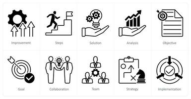 A set of 10 Action Plan icons as improvement, steps, solution vector